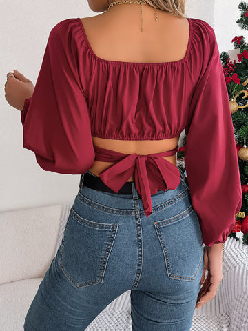 women Spring Casual Lantern Sleeve Waist Chiffon