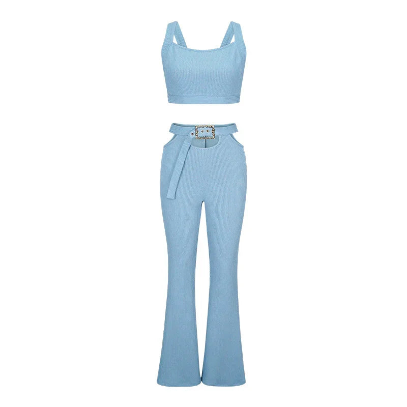 Oyster Bay Cutout Waist with Belt Wide Leg Flare Outfits Two Piece Set