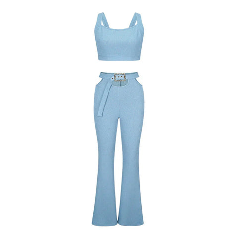 Oyster Bay Cutout Waist with Belt Wide Leg Flare Outfits Two Piece Set