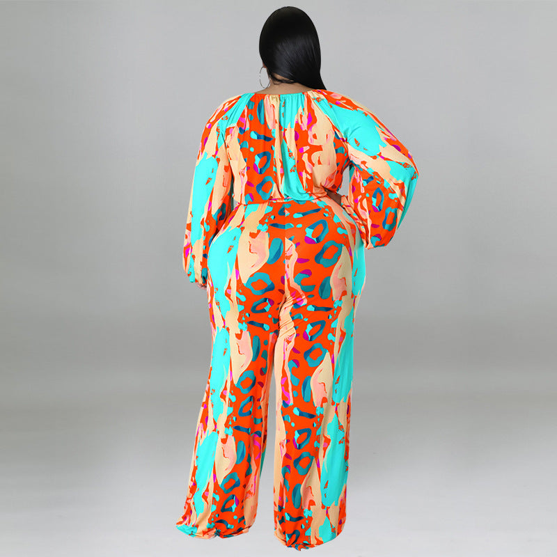 plus Size Women Clothing Autumn Printed Sexy off the Shoulder Long Sleeve Jumpsuit