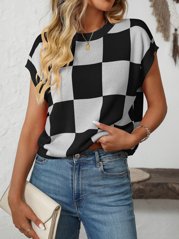 Summer Sleeve Block round Neck Plaid