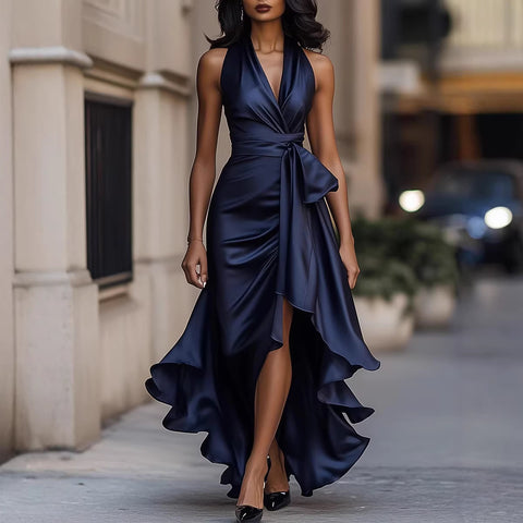 Wilmington Satin Deep V Plunge neck Sleeveless Waist Trimming Ruffles Elegant Dress