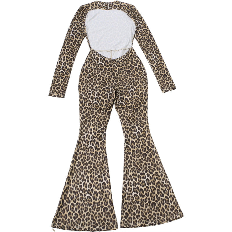 Spring Women Clothes Personality round Neck High Waist Slim Fit Backless Leopard Print Long Sleeve Jumpsuit Women