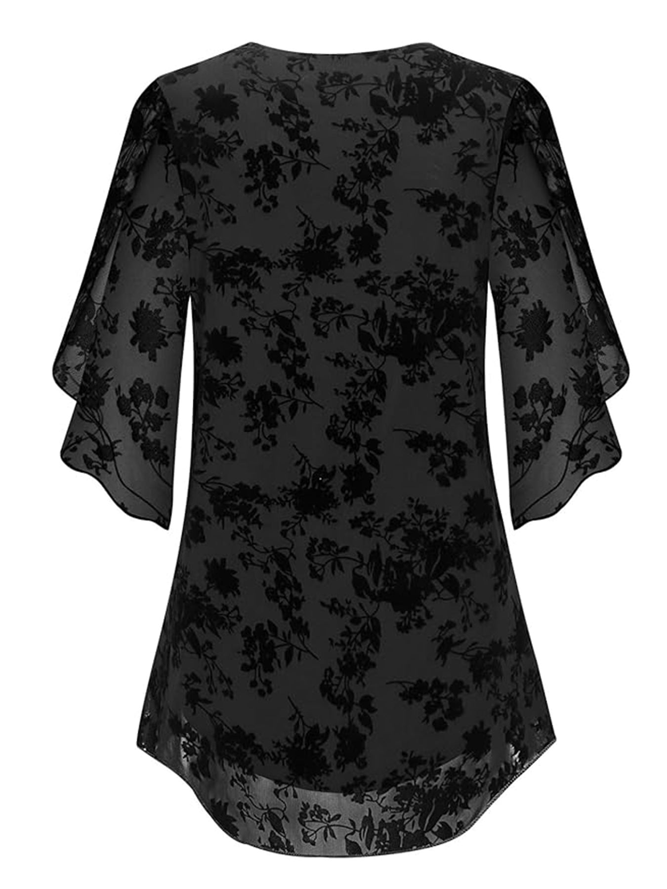 Double Layer Flocking Elastic Mesh Women Summer 3/4 Flare Sleeve Waist V neck Top
