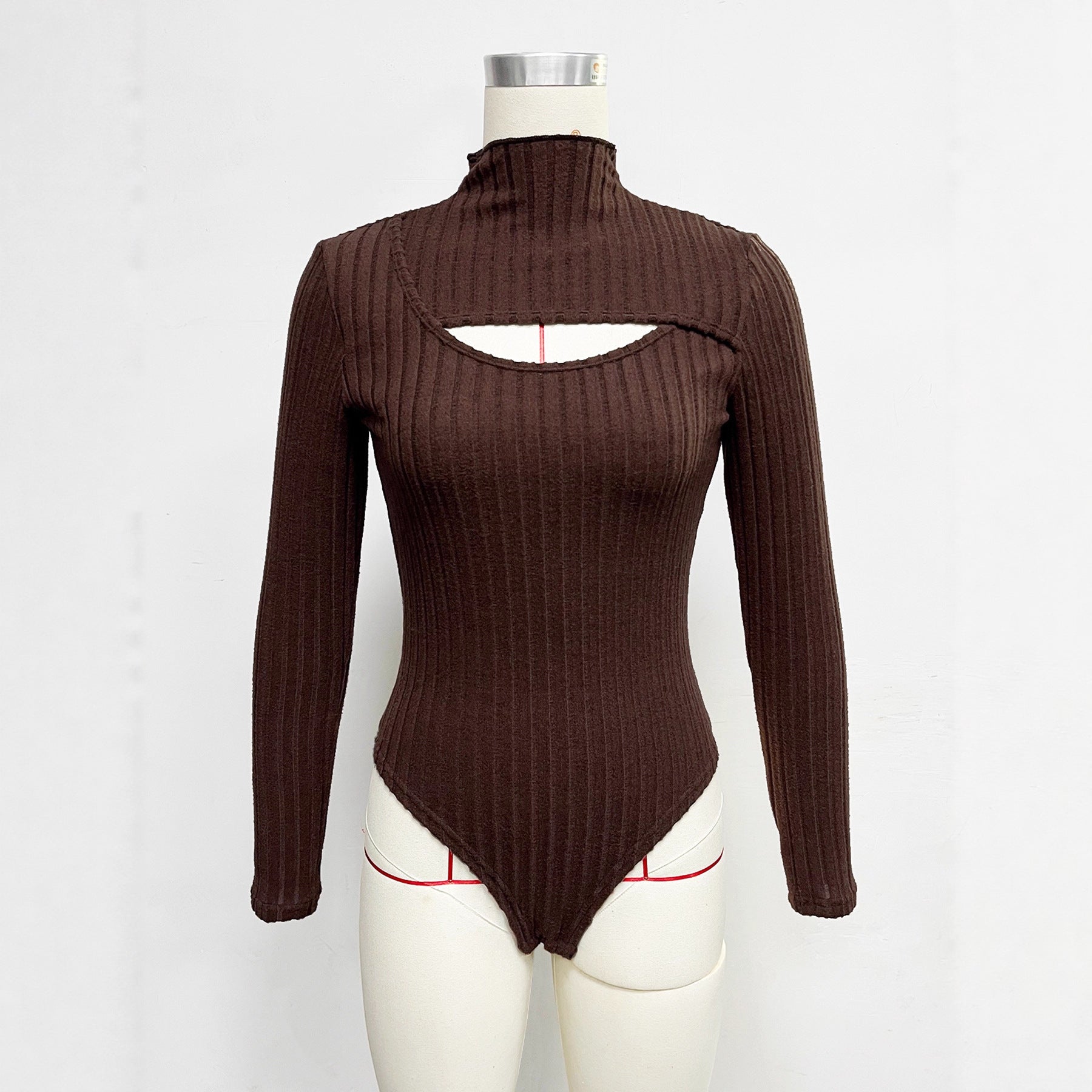 Autumn Winter Sunken Stripe Hollow Out Cutout Slim Jumpsuit Comfortable Inner Half High Collar Long Sleeve Top for Women