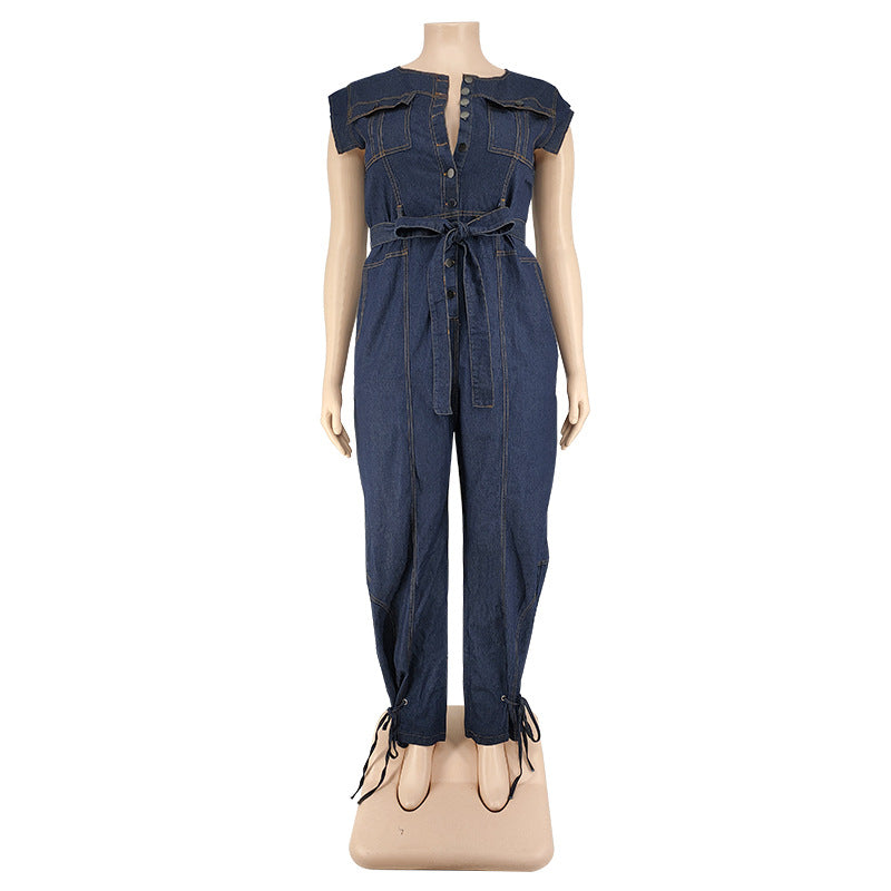 Plus Size Women Clothing Autumn New Denim Sleeve Wash Jumpsuit Trousers Sexy New