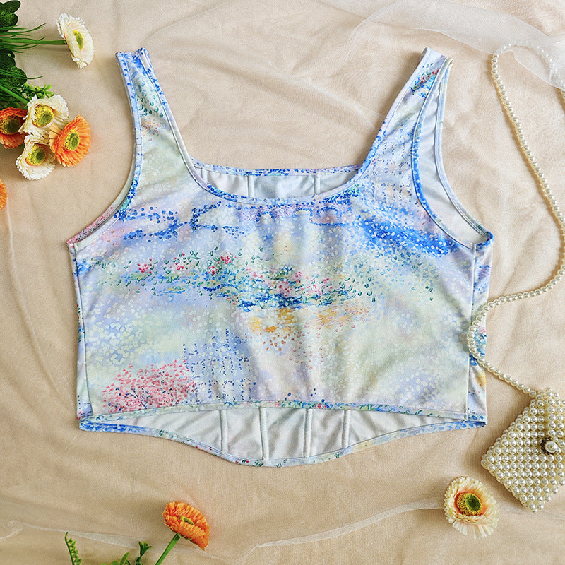 Plus Size Print Gradient Boning Corset Vest Top Summer Boning Corset Slip Ladies