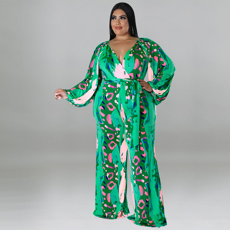 plus Size Women Clothing Autumn Printed Sexy off the Shoulder Long Sleeve Jumpsuit