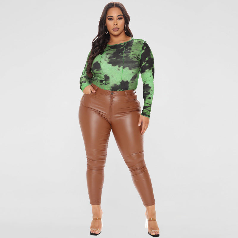 Plus Size Spring Women Clothing round Neck Print Long Sleeves Tight Breasted Jumpsuit