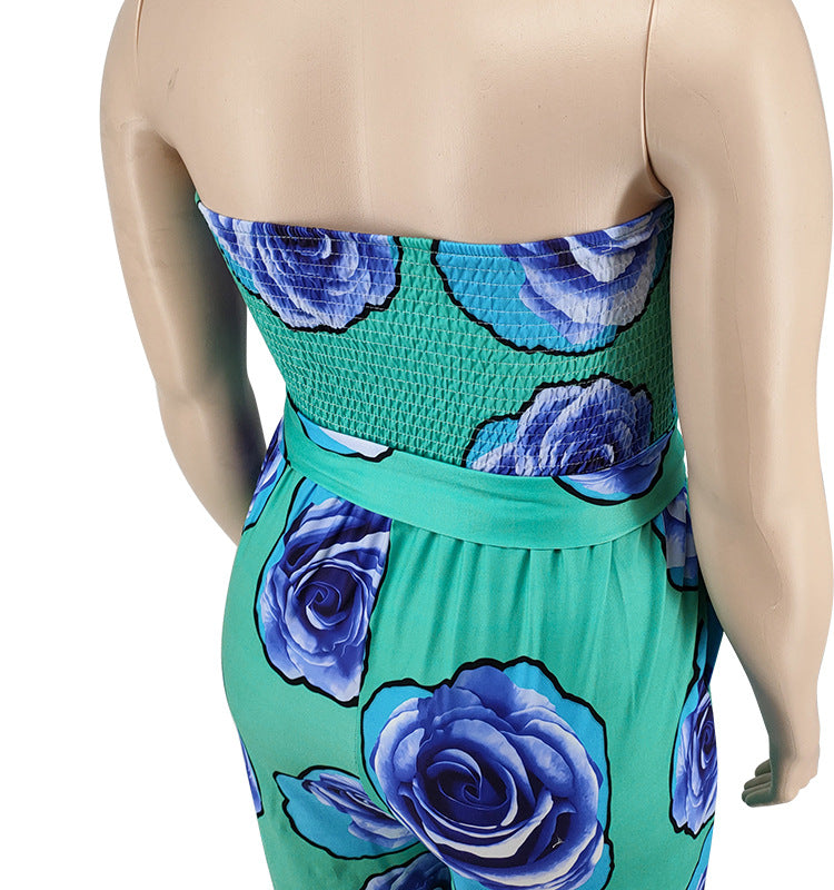 Plus Size Women Clothing Summer Smocking Cool Sleeveless Rose Tube Top Jumpsuit