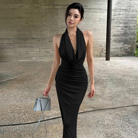 Las Caobas Sexy Backless Pleated Slim Elegant Halter Maxi Dress