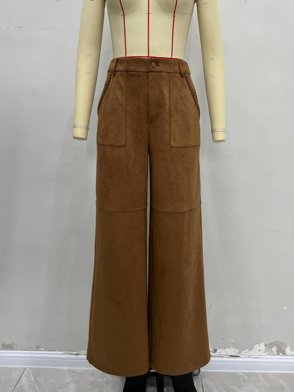 Autumn Winter Suede Outer Single Women Pants High Waist Double Pocket Design Casual Straight Leg Wide Leg Pants