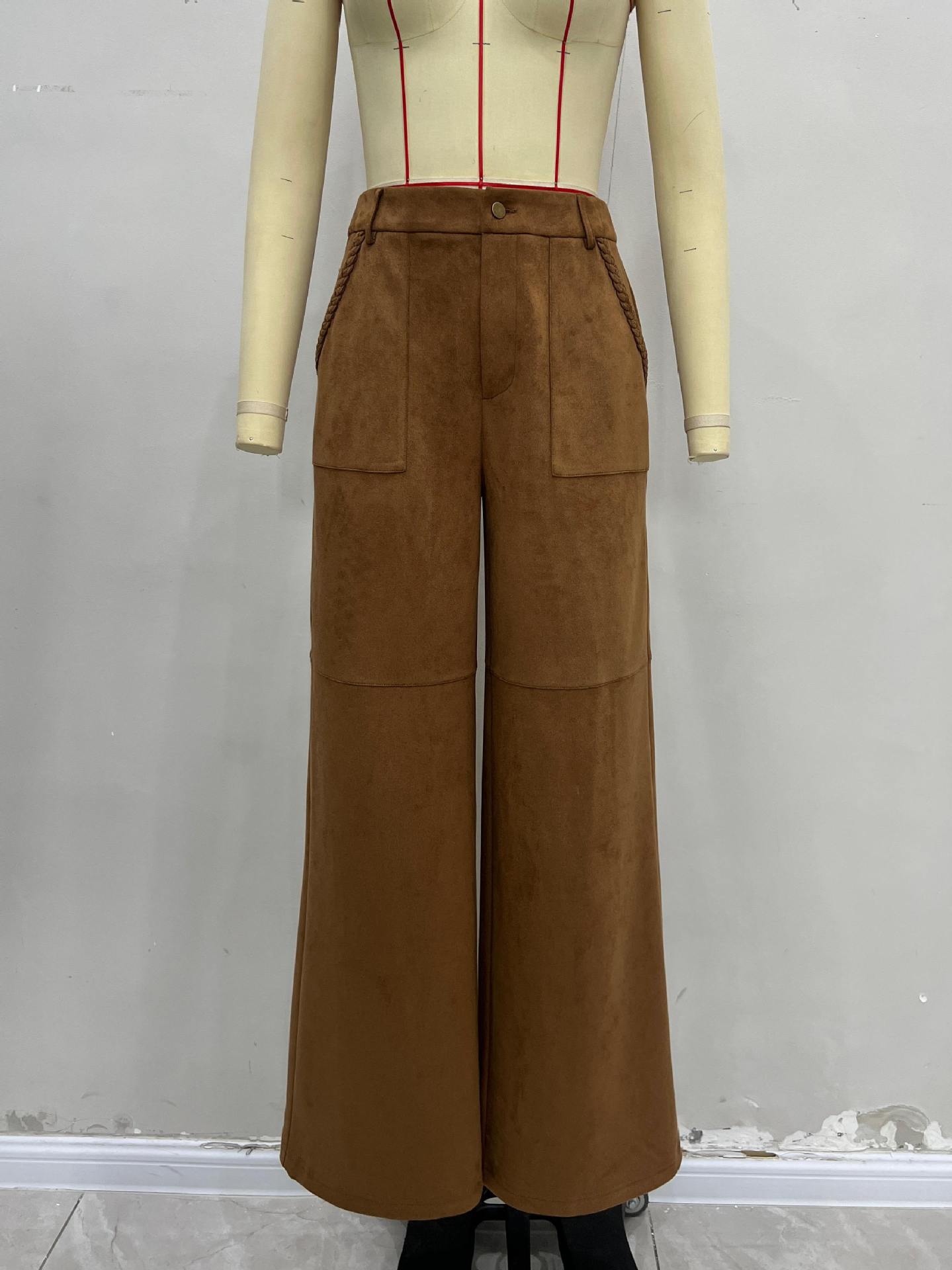 Autumn Winter Suede Outer Single Women Pants High Waist Double Pocket Design Casual Straight Leg Wide Leg Pants