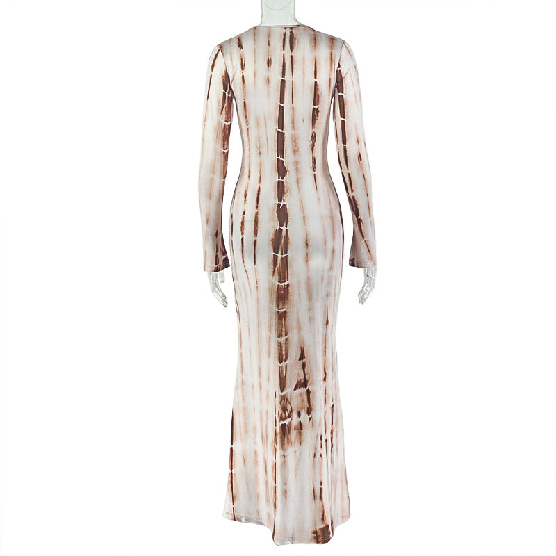 Tie Dye Printed V Neck Long Sleeve Bodycon Maxi Dress