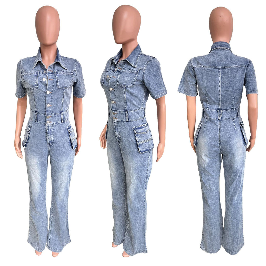 Waist Slim Elastic Fried Floral Wash Denim Jumpsuit Jumpsuit Bell Bottom Pants