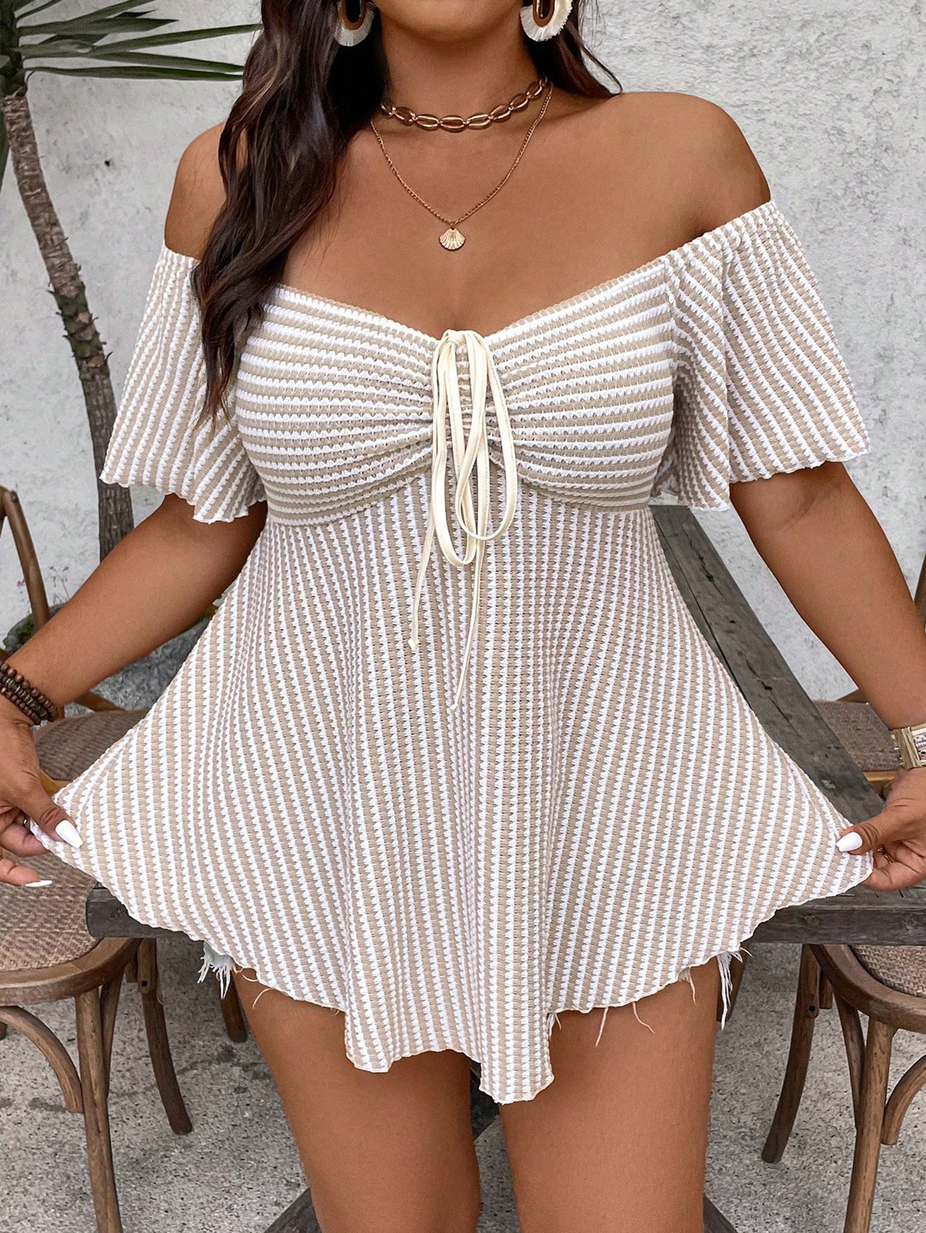 off Shoulder Striped Chest Waist Ruffles Women