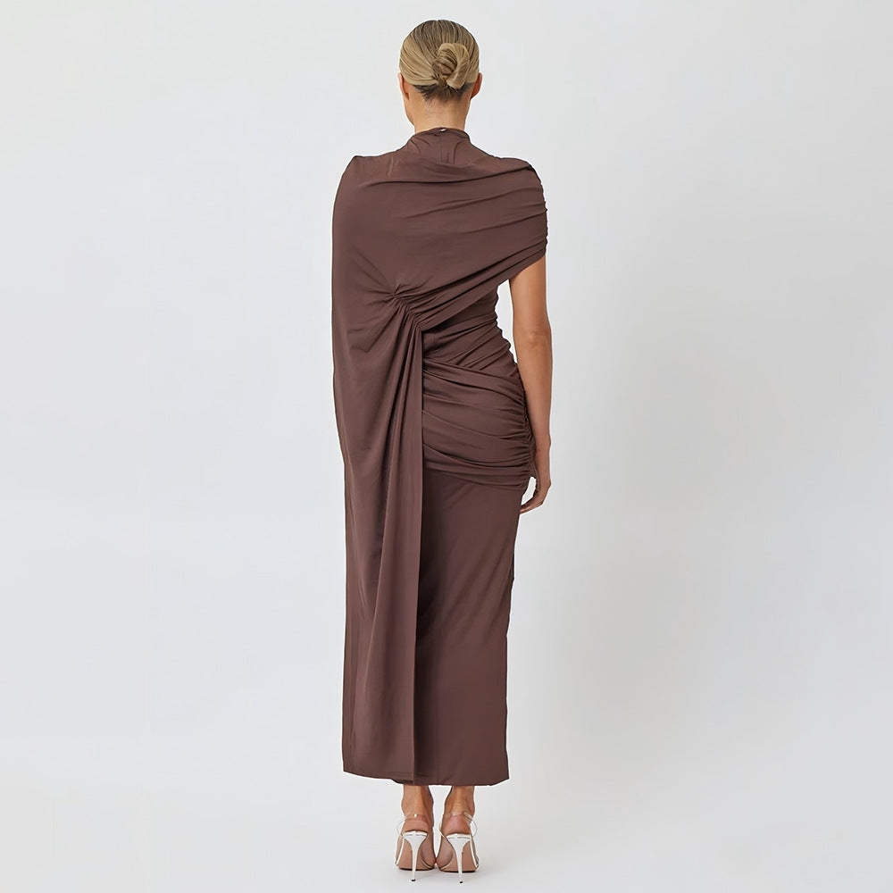 El Rosar Round Neck Shoulder Wrap Solid Color Slim Sexy Dress