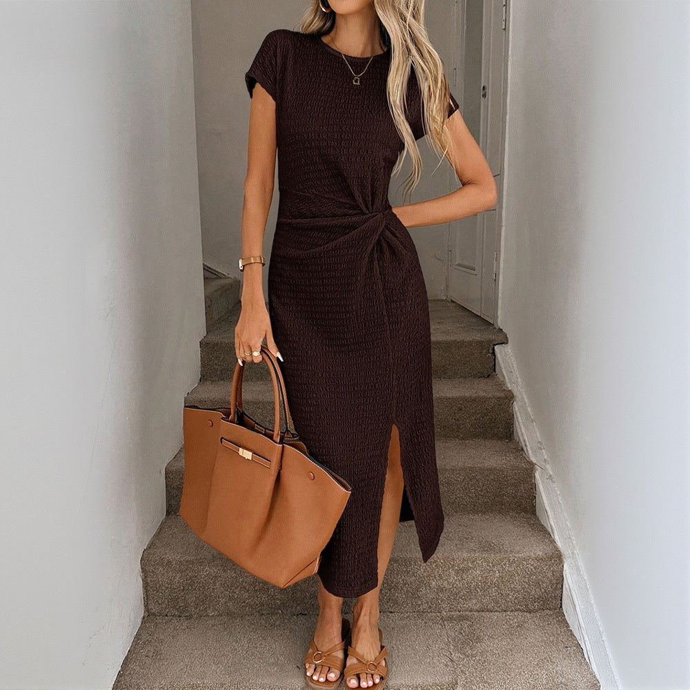 La Toma Retro Modern Brown Short Sleeves Waist Split Mid Length Elegant Dress