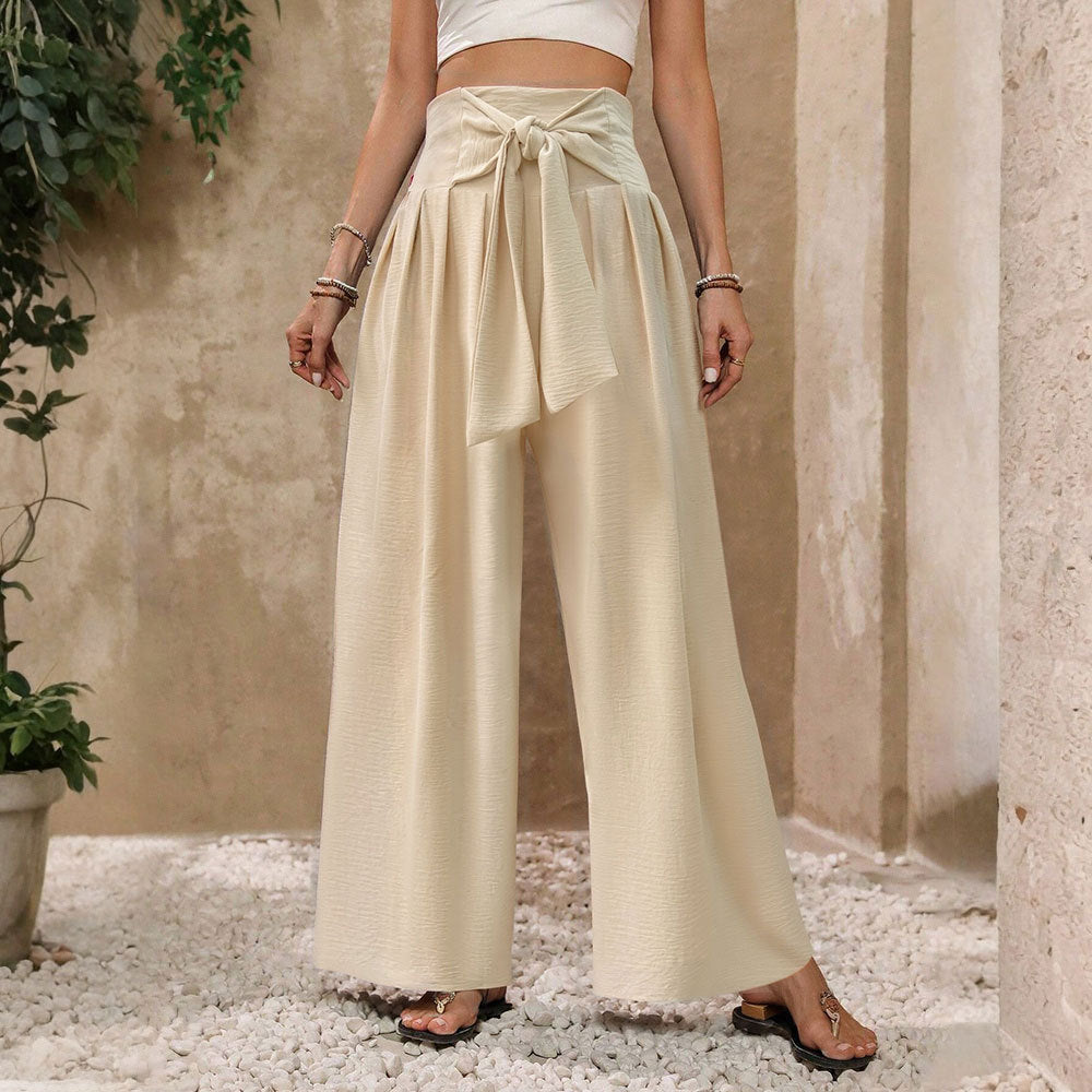 Summer Solid Color Wide Leg Pants High Waist Strap Design Niche Casual Smooth Straight Leg Trousers