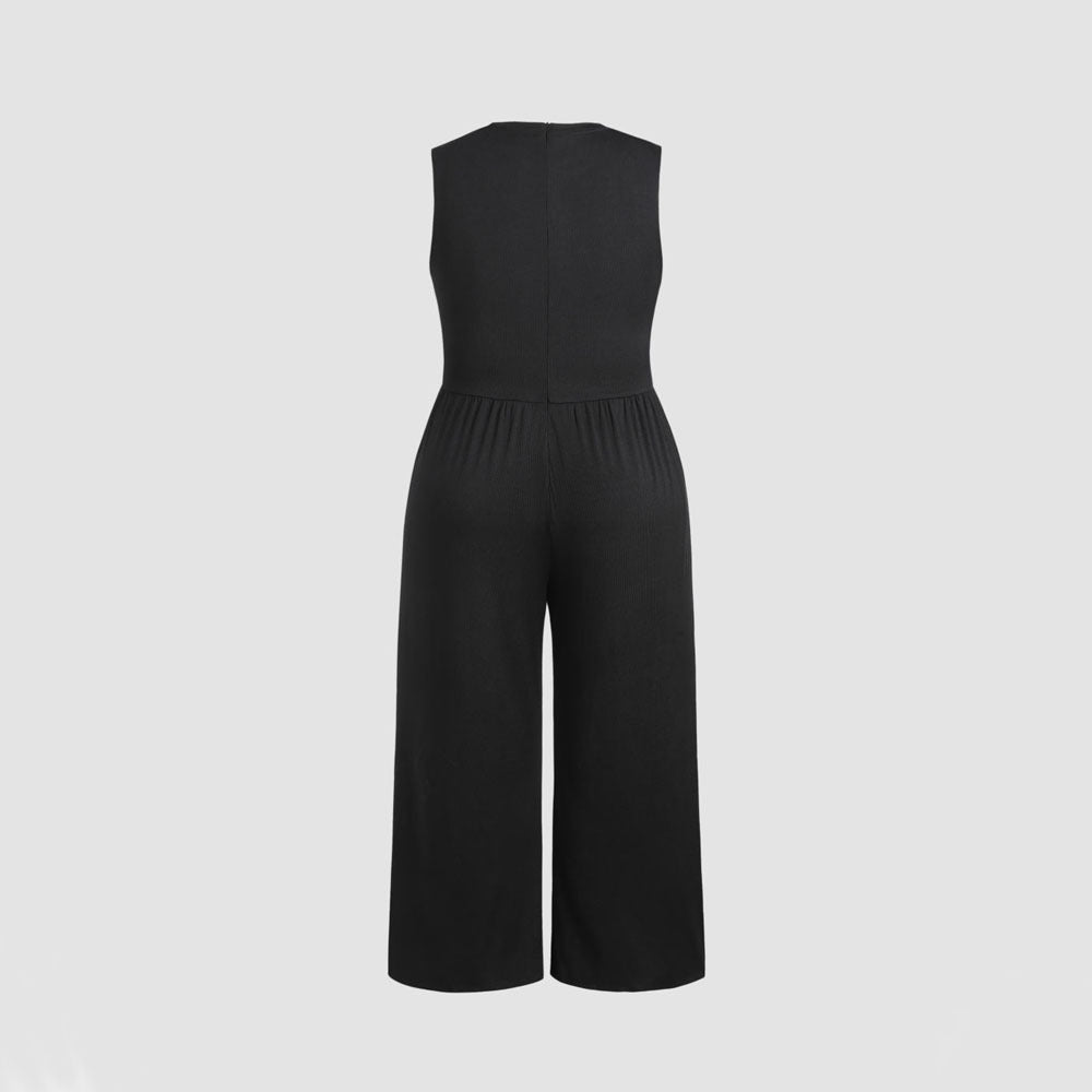 Plus Size Women Clothing Slimming Sleeveless Waist Trimming Casual Solid Color All Matching Jumpsuit