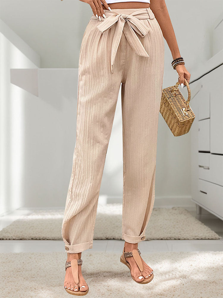 Summer Women Solid Color Pleated Tapered Casual Pants