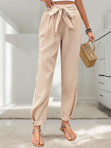 Summer Women Solid Color Pleated Tapered Casual Pants