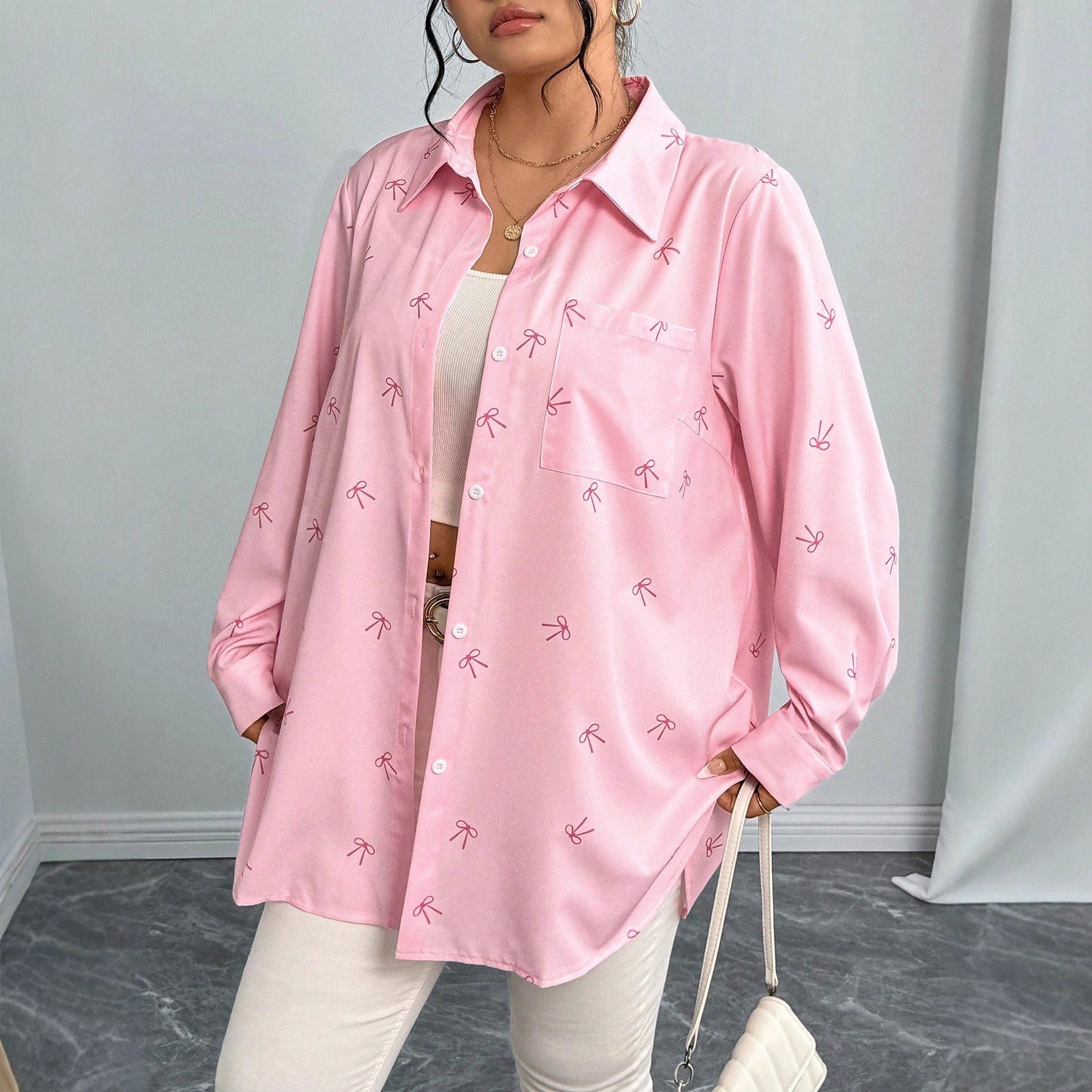 Plus Size Arrival Women Shacket Bow Print Long Sleeve Casual Shirt Autumn Loose
