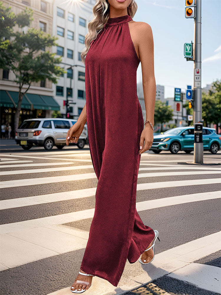 Summer Women Halter Solid Color Straight Jumpsuit