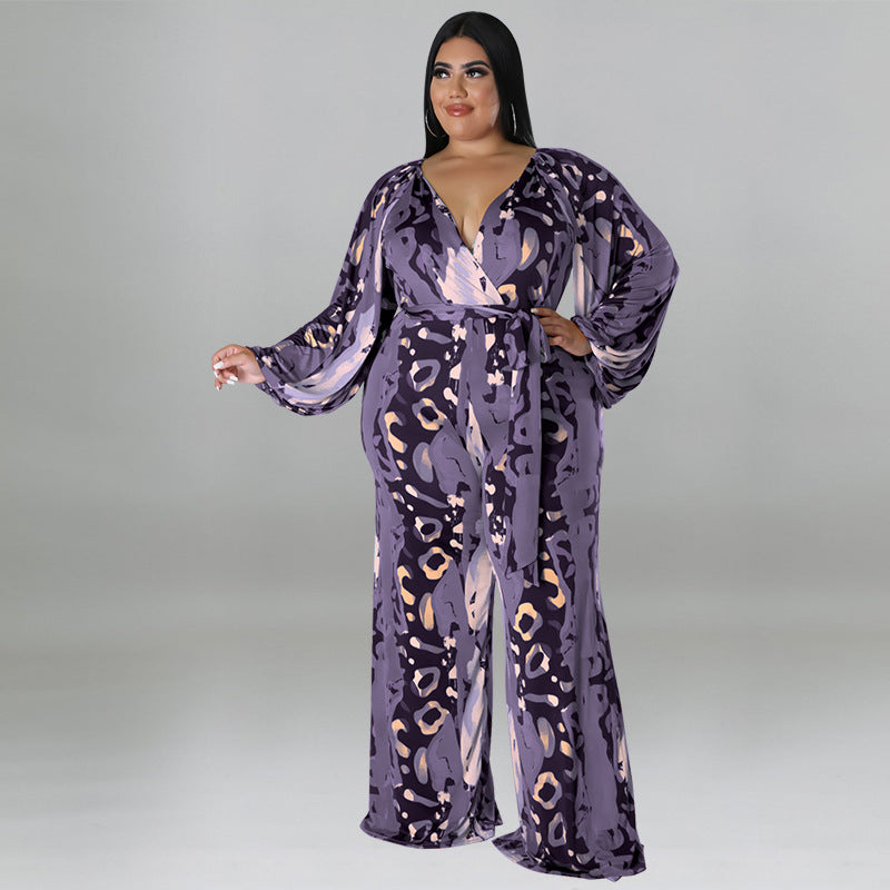 plus Size Women Clothing Autumn Printed Sexy off the Shoulder Long Sleeve Jumpsuit