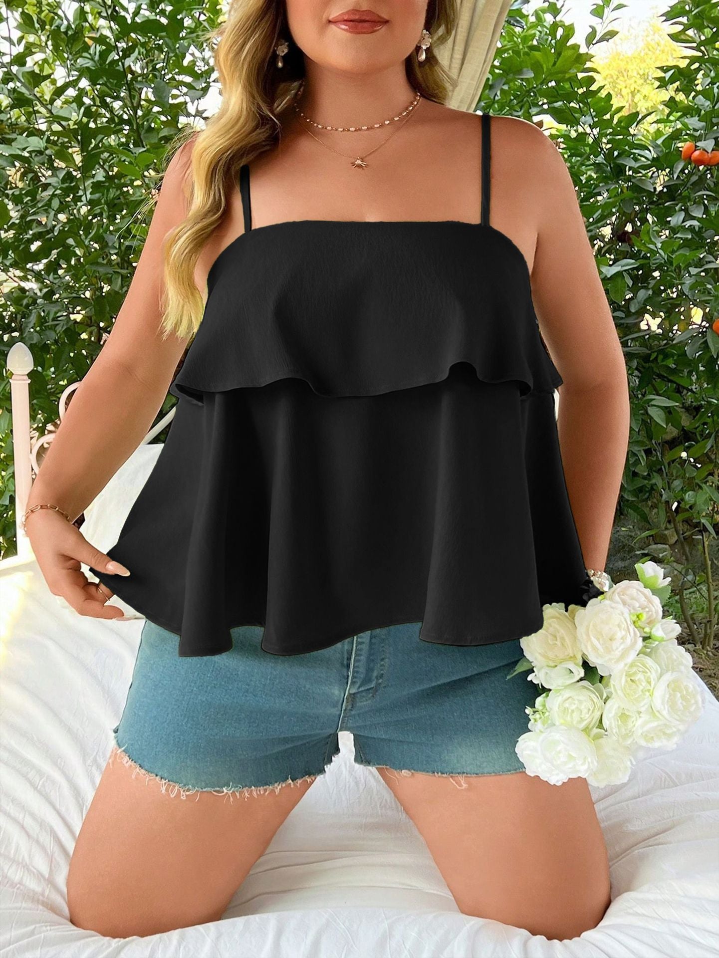 Plus Size Women Clothing Summer Plump Girls Spaghetti Strap Camisole Top
