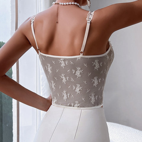 women Strap Lace Stitching See Through Vest