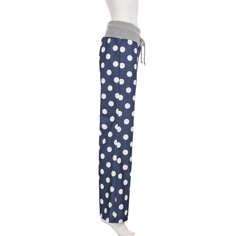 Idle Casual Trousers Polka Dot Print Contrast Color Lace up Loose Straight Walking Pants Comfortable Home Wear Pajama Pants