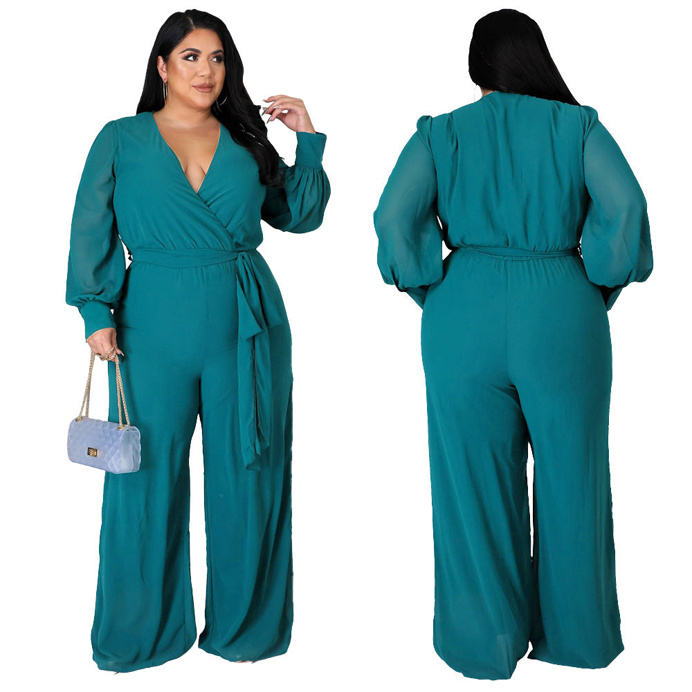Plus Size Women Loose Straight Solid Color Belt Jumpsuit