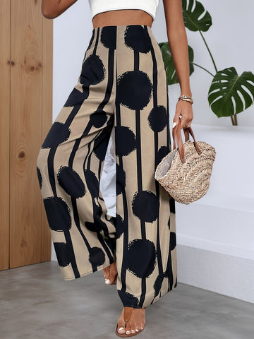 Women Summer Bohemian Printed Wide Leg Pants Loose High Waist Beach Trousers