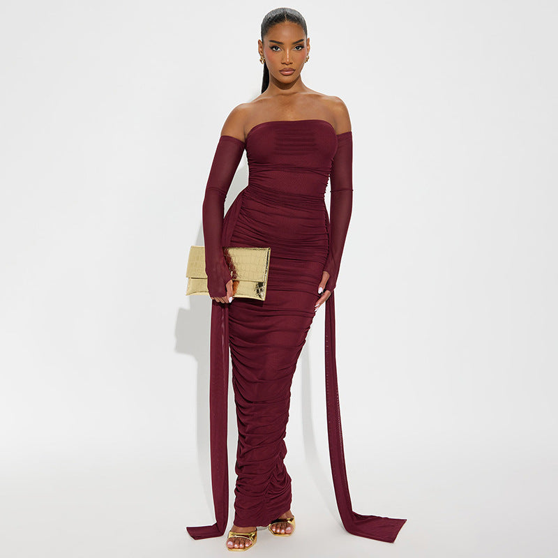 Azua Solid Color off Neck Long Sleeve Ribbon Mesh Pleated Slim Dress