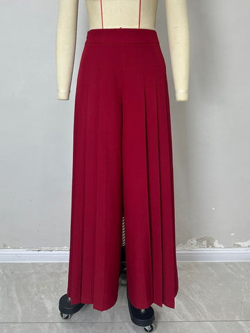 Solid Color High Waist Ruched Waist Slimming Design Waist Pantskirt Flab Hiding Modified Leg Wide Leg Pants