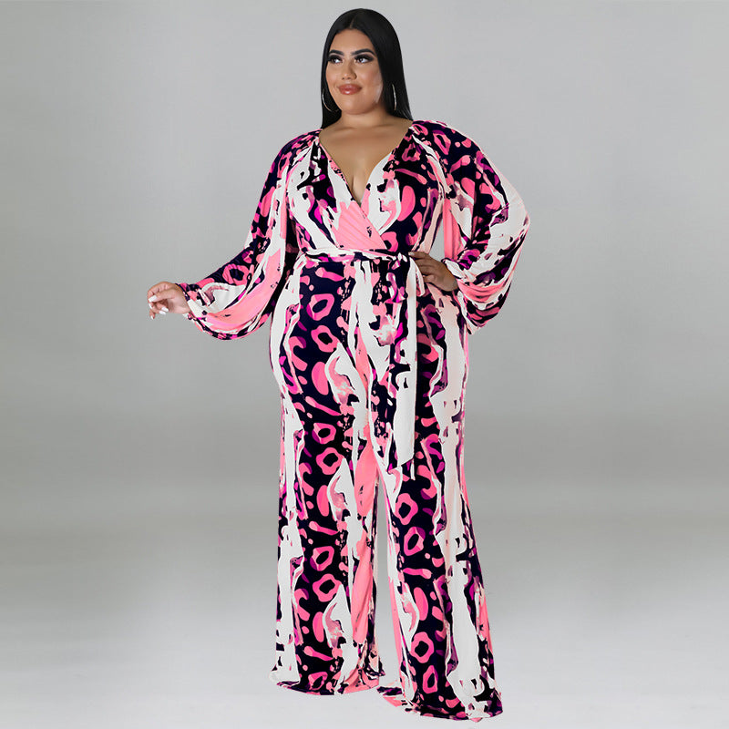 plus Size Women Clothing Autumn Printed Sexy off the Shoulder Long Sleeve Jumpsuit