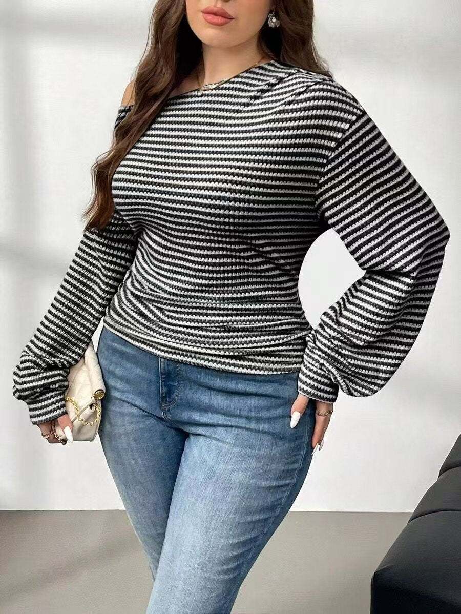 Plus Size Striped Color Block Crew Neck Pullover Women Office All Matching Drop Shoulder Long Sleeve T shirt Women