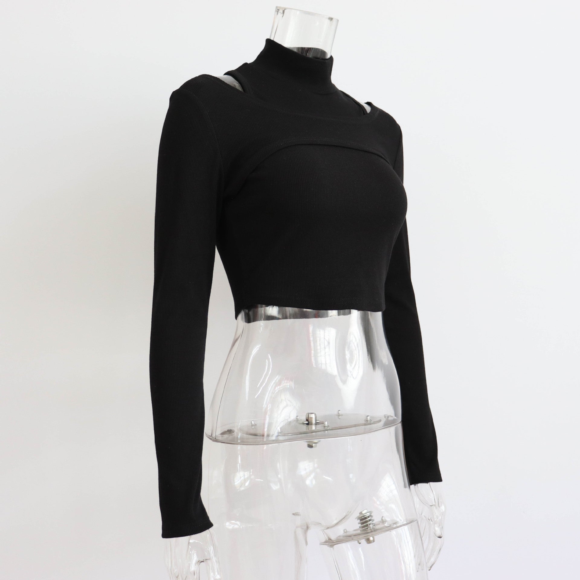 women Inner Half High Collar Cropped Solid Sleeve