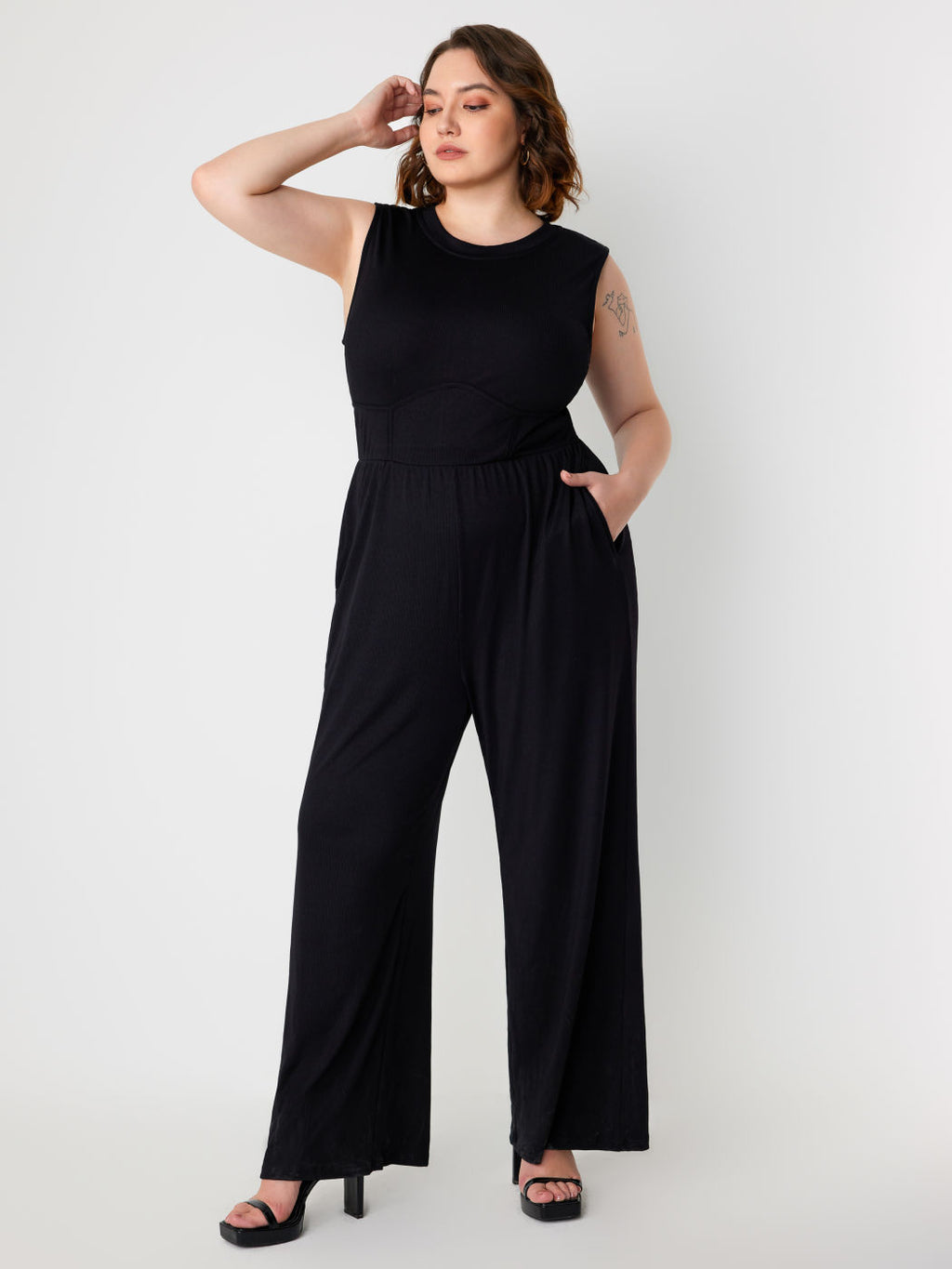 Plus Size Women Clothing Slimming Sleeveless Waist Trimming Casual Solid Color All Matching Jumpsuit