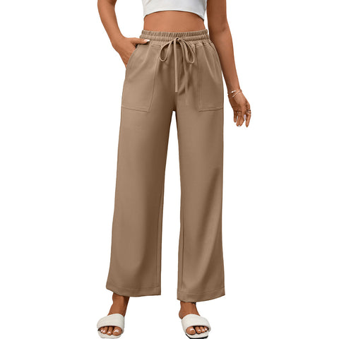 Summer Women Casual Drawstring Elegant Trousers Wide Leg Pants with Pockets