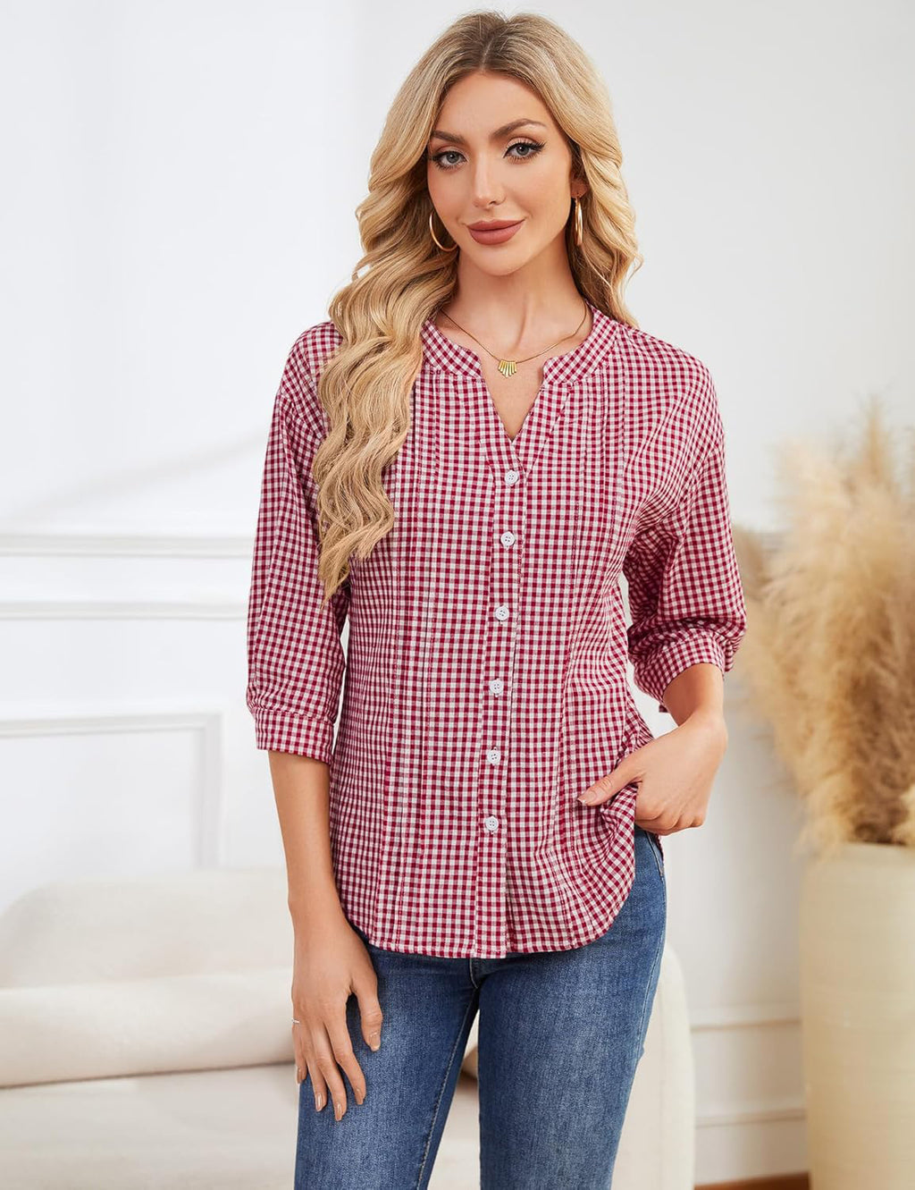 Casual Solid Color Half Open Collar Single Breasted Pleated Cropped Sleeve Top
