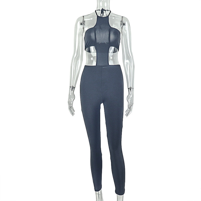 Solid Color Women Design Tight Street Jumpsuit Sexy Backless Corset Halter Jumpsuit