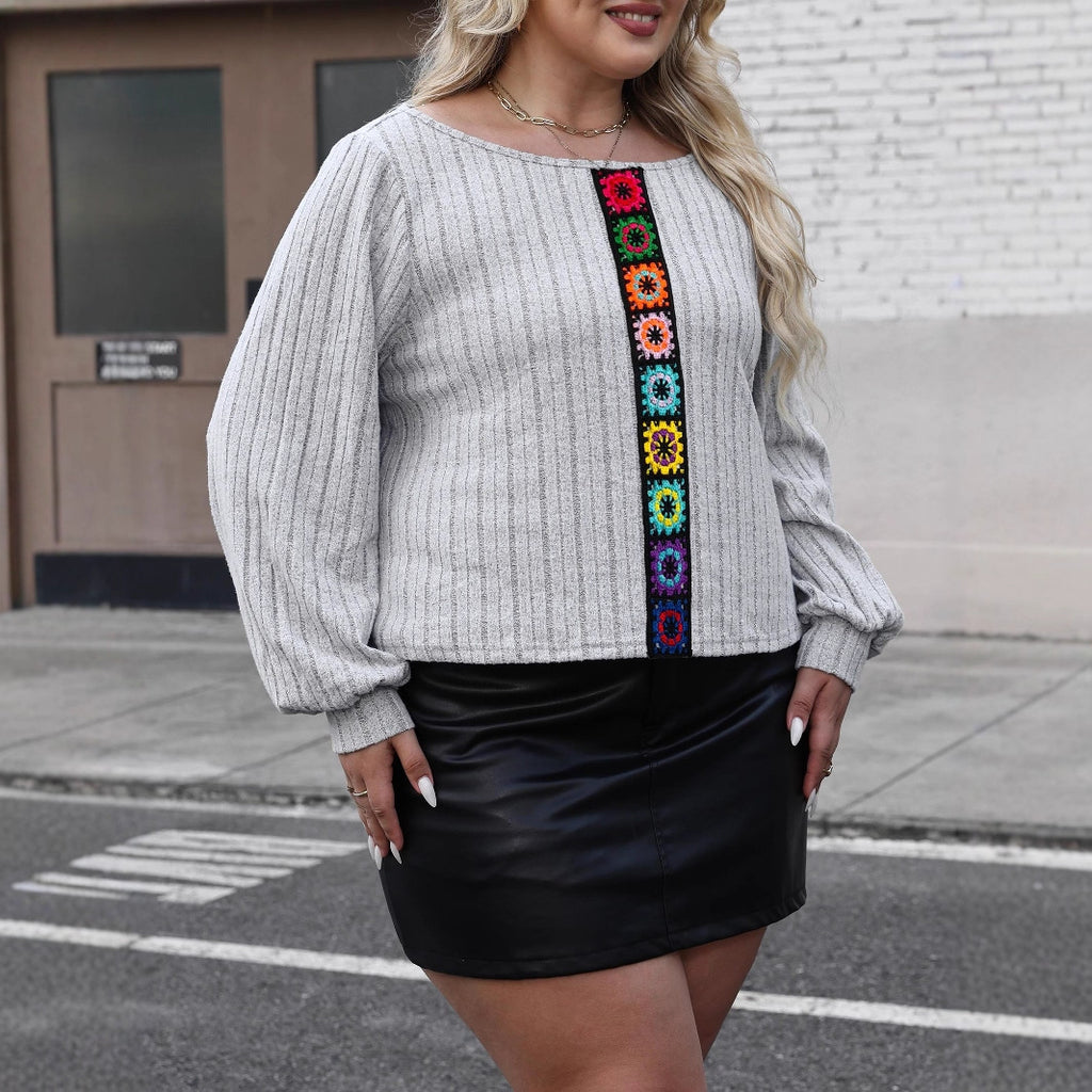 Plus Size Women Clothes round Neck Pullover Top Autumn Random Color Imitation Hand Hook Floral Block Stitching T shirt