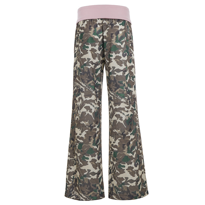 Retro Casual Camouflage Waist Contrast Color Trousers Women Street Sweet Spicy Loose Draggle Tail Straight Trousers