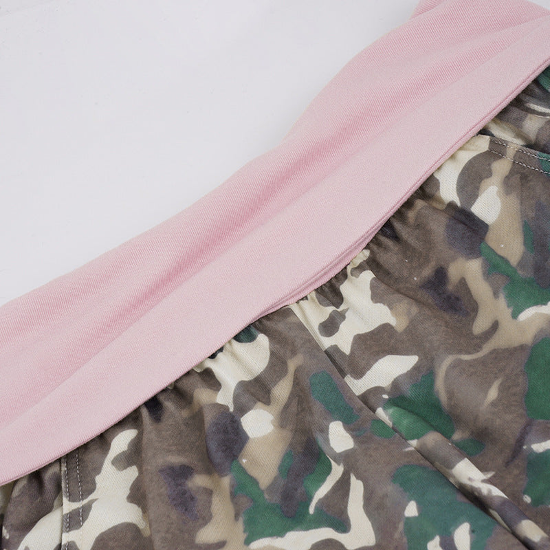 Retro Casual Camouflage Waist Contrast Color Trousers Women Street Sweet Spicy Loose Draggle Tail Straight Trousers