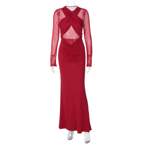 Jimani Long Sleeve Solid Color Sexy Mesh Hollow Out Cutout Pleated Slim Dress