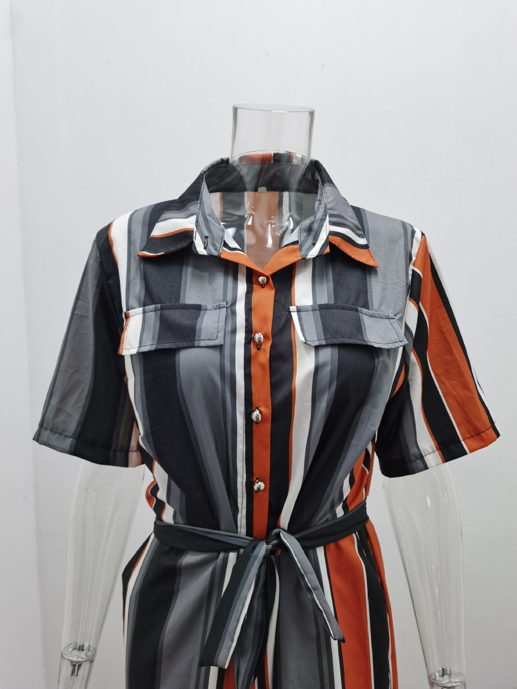 Women Clothing Trousers Casual Collared Button Printed Belt Cargo Overalls Plus size