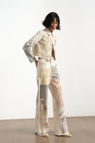 Retro Loose Print Wide Leg Straight Mop Denim Trousers
