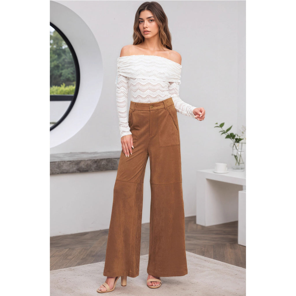 Autumn Winter Suede Outer Single Women Pants High Waist Double Pocket Design Casual Straight Leg Wide Leg Pants
